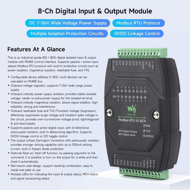 Waveshare Industrial 8-Ch Digital Input & Output Module, DC 7~36V Wide Voltage Power Supply, Modbus RTU Protocol, Multiple Isolation Protection Circuits, Rail-Mount Support - Image 2